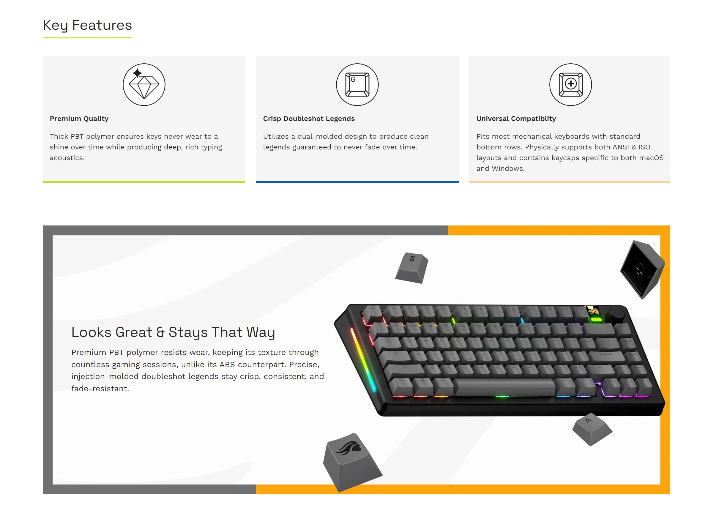 A large marketing image providing additional information about the product Glorious GPBT Basics Keycaps - Armor Grey - Additional alt info not provided